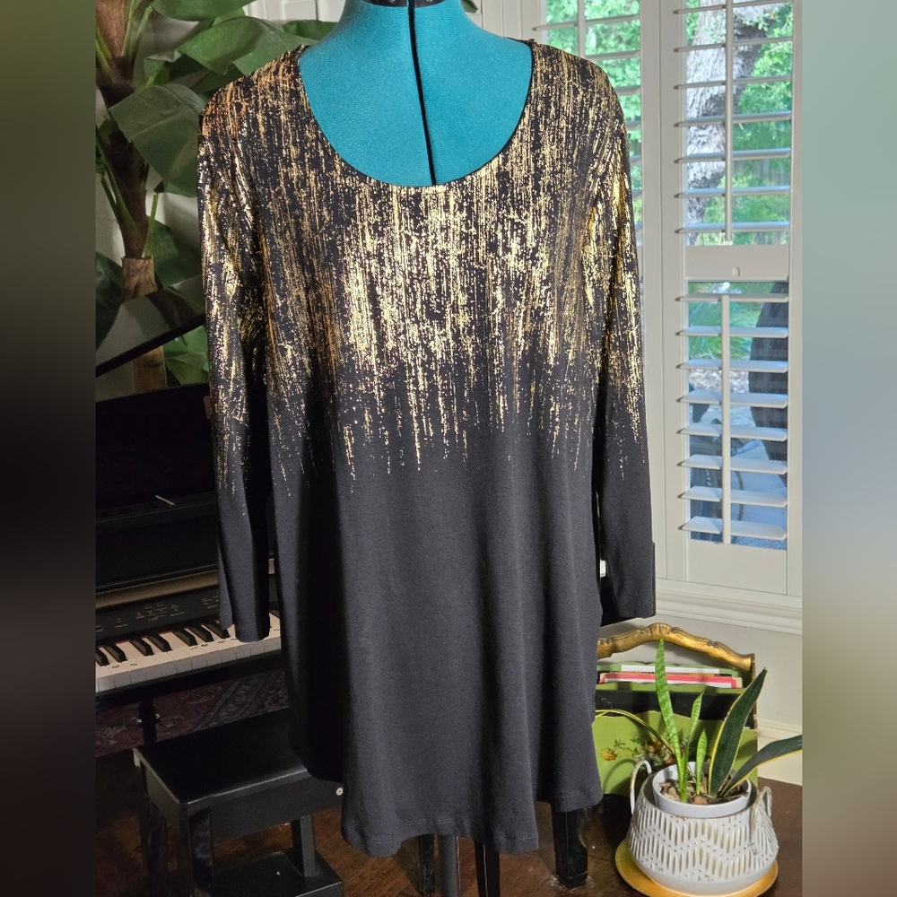 JM Collection Black and Gold Long Sleeve Tunic Top Size XL
